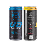 Two UD Energy Performance Beverage cans with the flavors Blue Raspberry and Strawberry Lemonade. The left can has a dark blue background featuring a stylized light blue bulldog logo and the flavor "Blue Raspberry" indicated with a blueberry icon. It has key details like "45 calories" and "249mg of caffeine." The right can, Strawberry Lemonade, follows a similar design with a black background and text highlighting the product's benefits like energy, focus, power, and endurance, along with a QR code. 