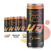 A display of UD Energy's Strawberry Lemonade flavor, showcasing a single tall can with the slogan "Fuel Your Passion, Feed Your Beast" in the foreground, and a 12-pack of the same product arrayed behind it. The design features the brand's signature bulldog logo and the "#Driven by Passion" tagline, emphasizing the 40 calories and 249mg of caffeine per can.