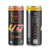 Two cans of UD Energy performance drink in Strawberry Lemonade flavor are presented side by side. The left can features the vibrant "Fuel Your Passion, Feed Your Beast" slogan with the brand's bulldog logo, while the right can details the product's values and commitments, along with a QR code. Both cans highlight the drink's benefits, including 40 calories and 249mg of caffeine, set against a dark backdrop that accentuates the drink's energizing qualities.