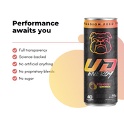 A promotional image for UD Energy performance drink featuring a Strawberry Lemonade flavored can next to the text "Performance awaits you." The can is adorned with the "Fuel Your Passion, Feed Your Beast" slogan and a checklist highlighting the product's benefits such as full transparency, science-backed ingredients, no artificial additives, no proprietary blends, and no sugar, set against a modern background with geometric shapes.