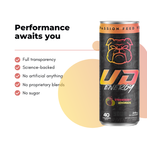 A promotional image for UD Energy performance drink featuring a Strawberry Lemonade flavored can next to the text "Performance awaits you." The can is adorned with the "Fuel Your Passion, Feed Your Beast" slogan and a checklist highlighting the product&