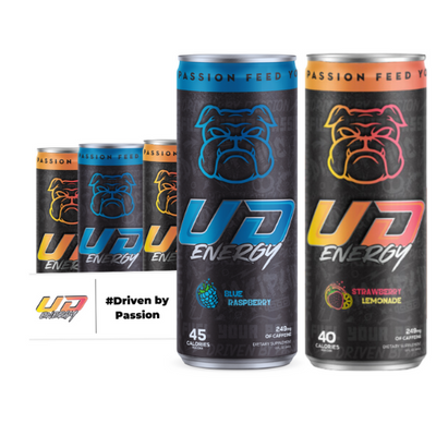 A display showcasing two flavors of UD Energy performance drinks, Blue Raspberry and Strawberry Lemonade, with a focused image of a single can in front and a faded 12-pack in the background for each flavor. Both cans feature the brand's bulldog logo and the slogan "Fuel Your Passion, Feed Your Beast" with a hashtag "#Driven by Passion" below, set against a reflective surface with a shadowy effect.