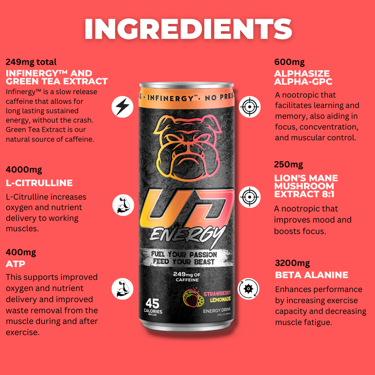 An infographic detailing UD Energy performance drink&